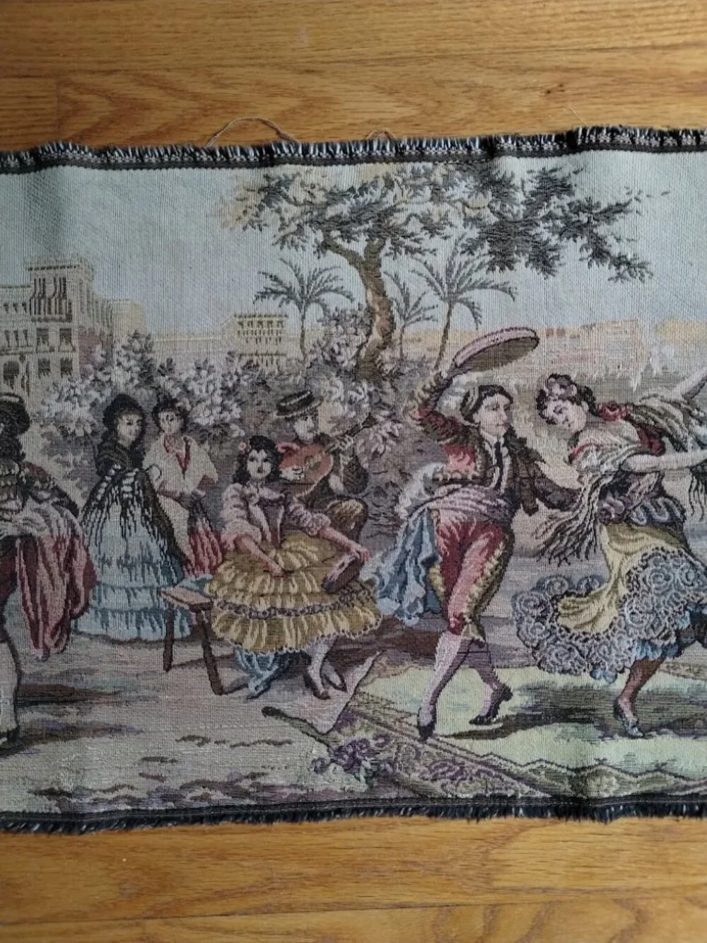 VTG Italian Wall Hanging Wide Tapestry Depicting Town Square Socializing & Party
